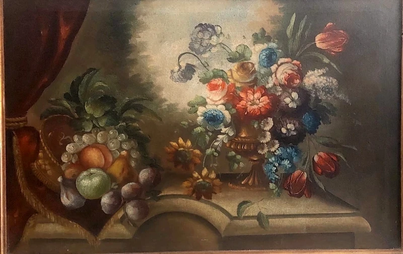 Dipinto olio su tela natura morta con fiori inizio  XIXsecolo Italia 99x69 cm