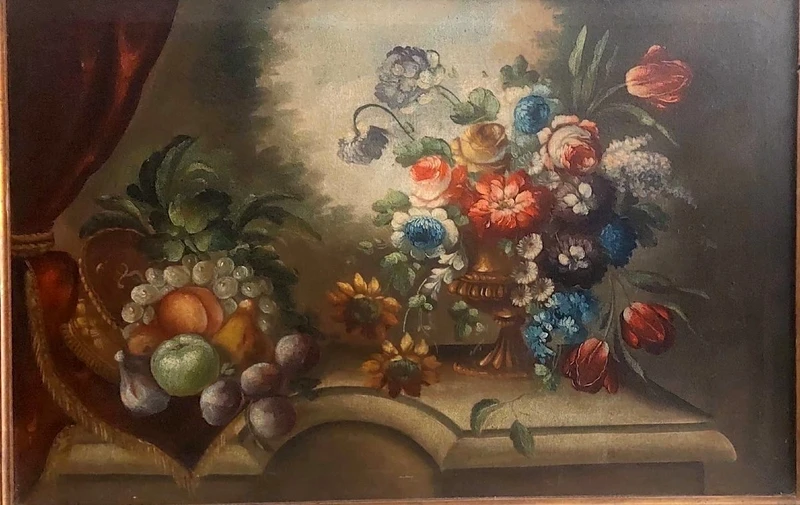 Dipinto olio su tela natura morta con fiori inizio  XIXsecolo Italia 99x69 cm