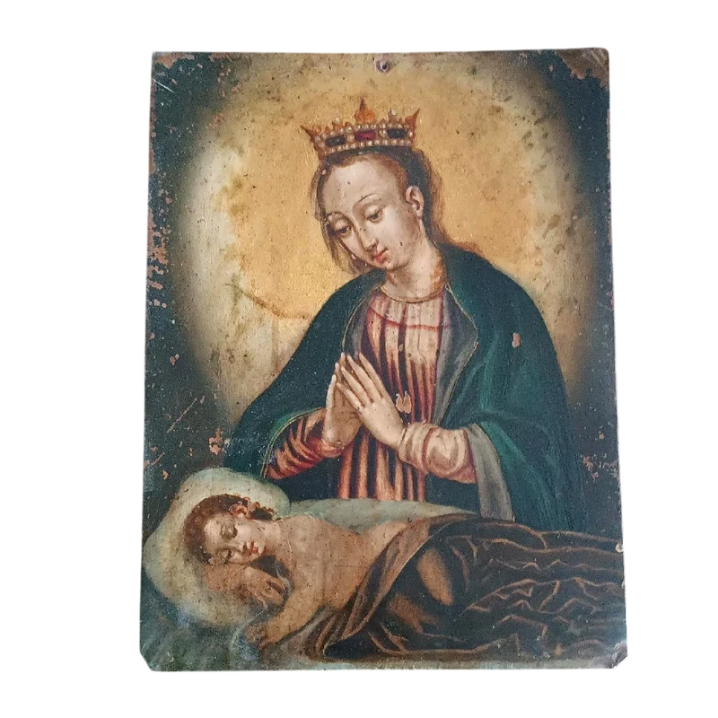Peinture ancienne sur cuivre - 17e/18e siècle-Madone avec enfant endormi
