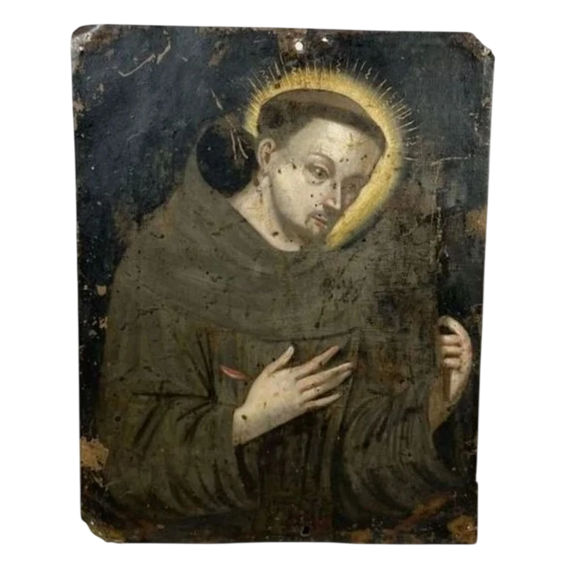 École française 17-18e siècle Saint François tenant un crucifix Huile sur cuivre avec inscription