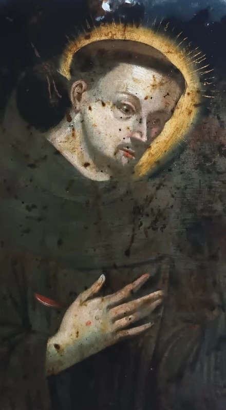 École française 17-18e siècle Saint François tenant un crucifix Huile sur cuivre avec inscription