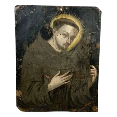 French school 17th/18th St. Francis holding the crucifix Oil on copper with inscribed