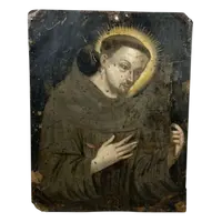 École française 17-18e siècle Saint François tenant un crucifix Huile sur cuivre avec inscription