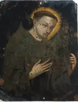 École française 17-18e siècle Saint François tenant un crucifix Huile sur cuivre avec inscription