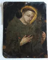 École française 17-18e siècle Saint François tenant un crucifix Huile sur cuivre avec inscription