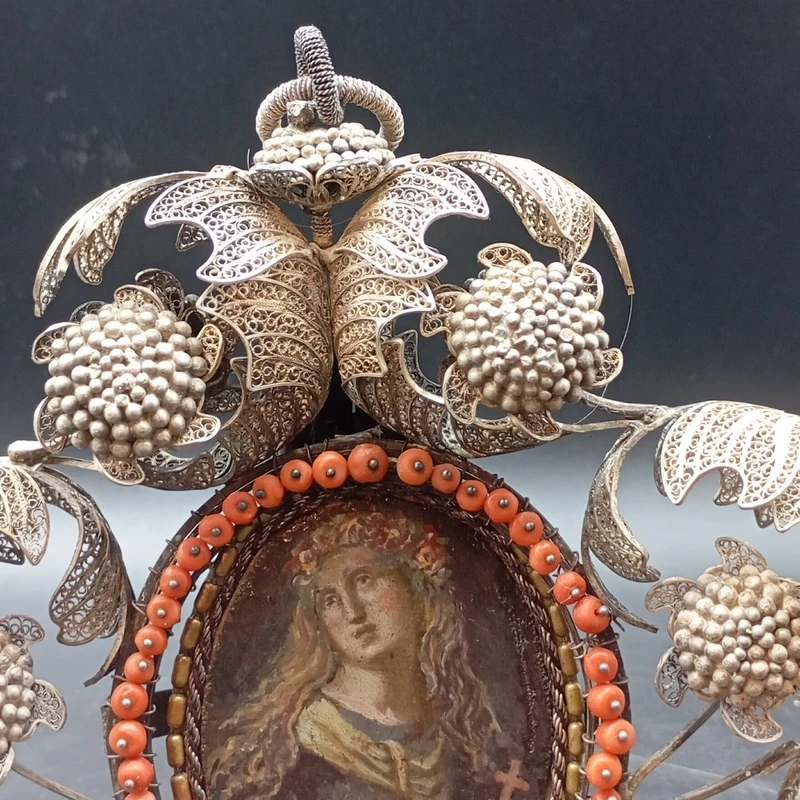SILVER FILIGREE BEDSIDE TABLE WITH SMALL PAINTING DEPICTING SAINT ROSALIE