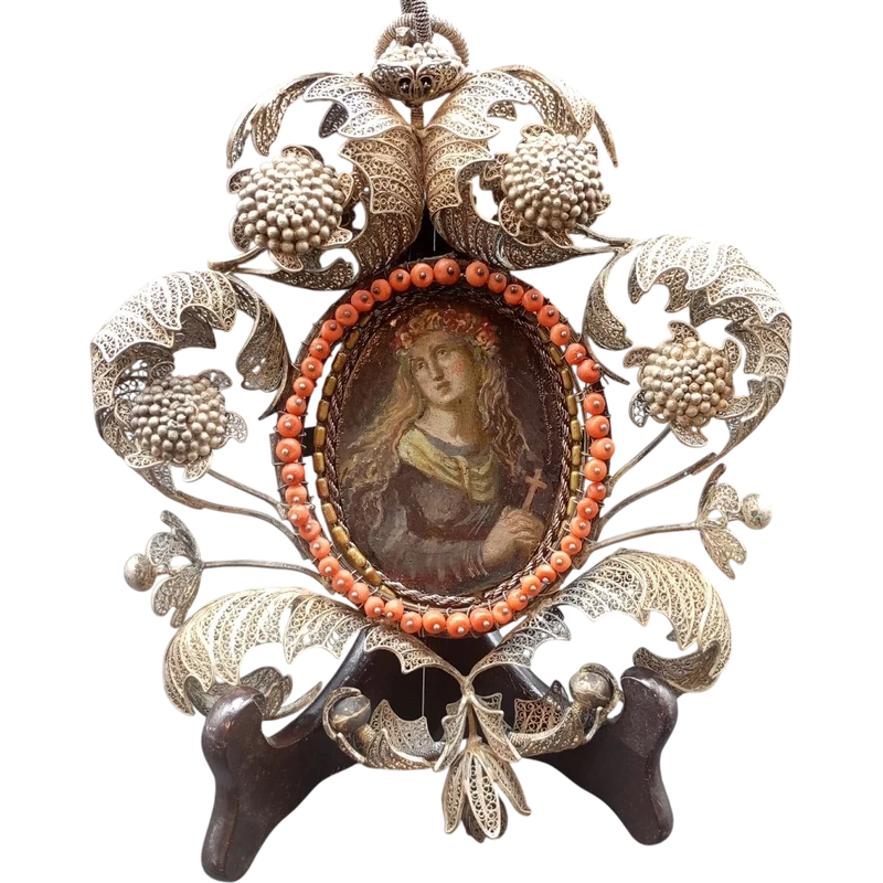 SILVER FILIGREE BEDSIDE TABLE WITH SMALL PAINTING DEPICTING SAINT ROSALIE