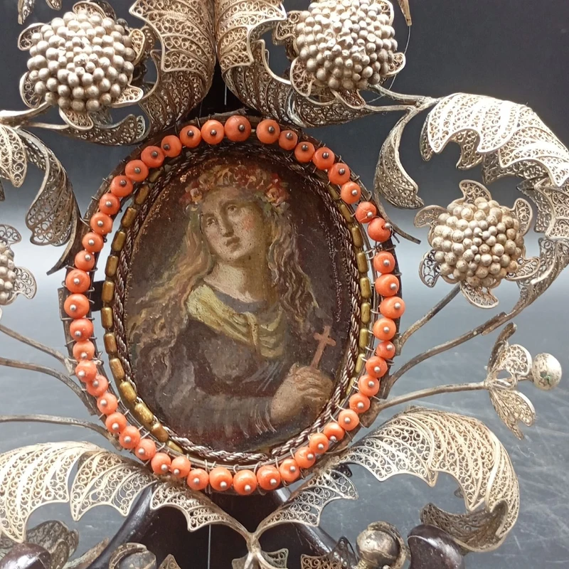 SILVER FILIGREE BEDSIDE TABLE WITH SMALL PAINTING DEPICTING SAINT ROSALIE