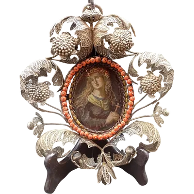 CAPEZZALE IN FILIGRA D'ARGENTO CON PICCOLO DIPINTO RAFFIGURANTE SANTA ROSALIA
