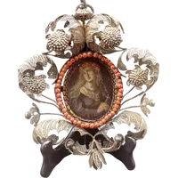 SILVER FILIGREE BEDSIDE TABLE WITH SMALL PAINTING DEPICTING SAINT ROSALIE