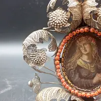 SILVER FILIGREE BEDSIDE TABLE WITH SMALL PAINTING DEPICTING SAINT ROSALIE