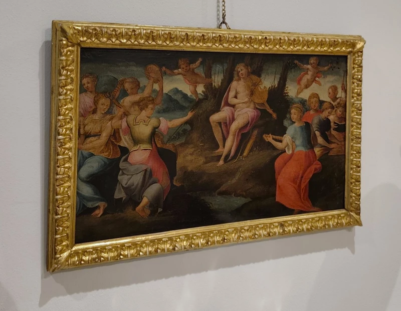 Huile sur panneau 17e siècle Apollon avec les Muses