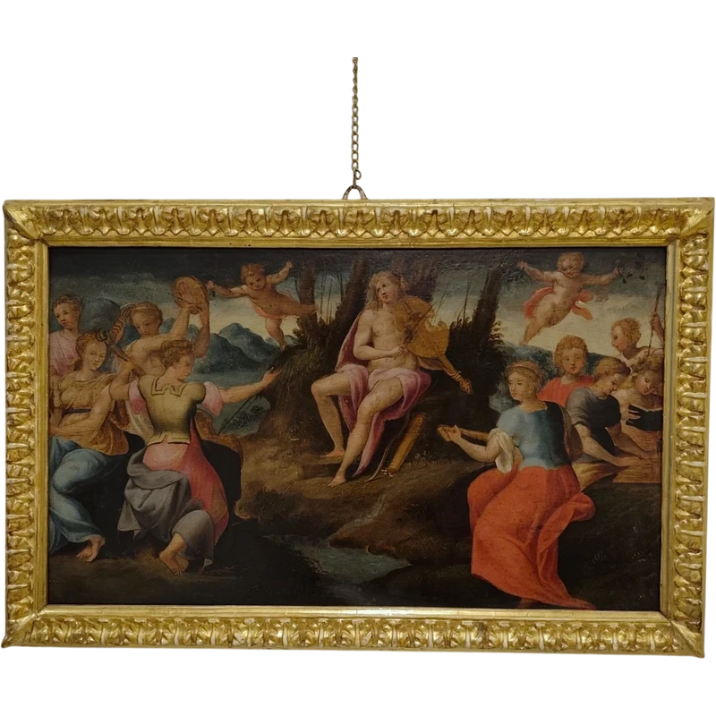 Huile sur panneau 17e siècle Apollon avec les Muses