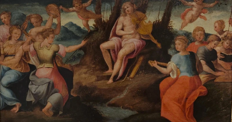 Huile sur panneau 17e siècle Apollon avec les Muses