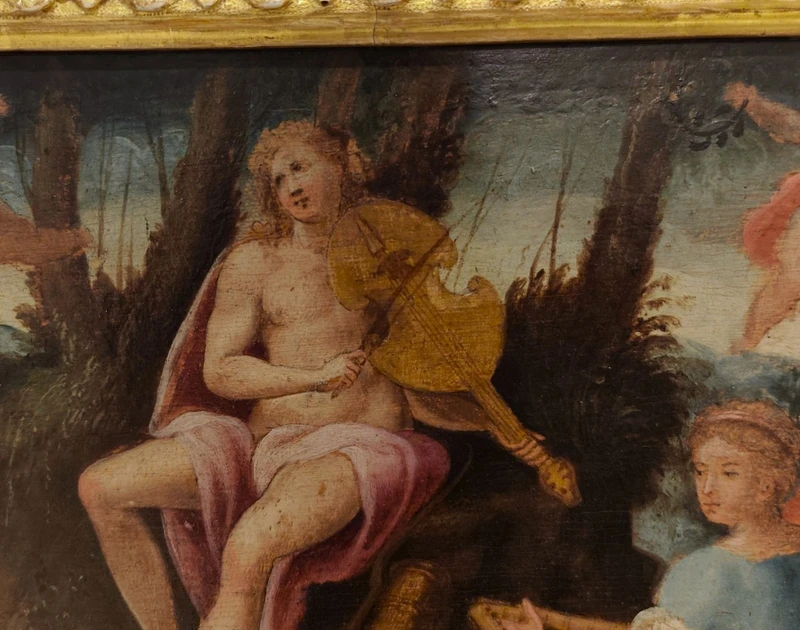 Huile sur panneau 17e siècle Apollon avec les Muses