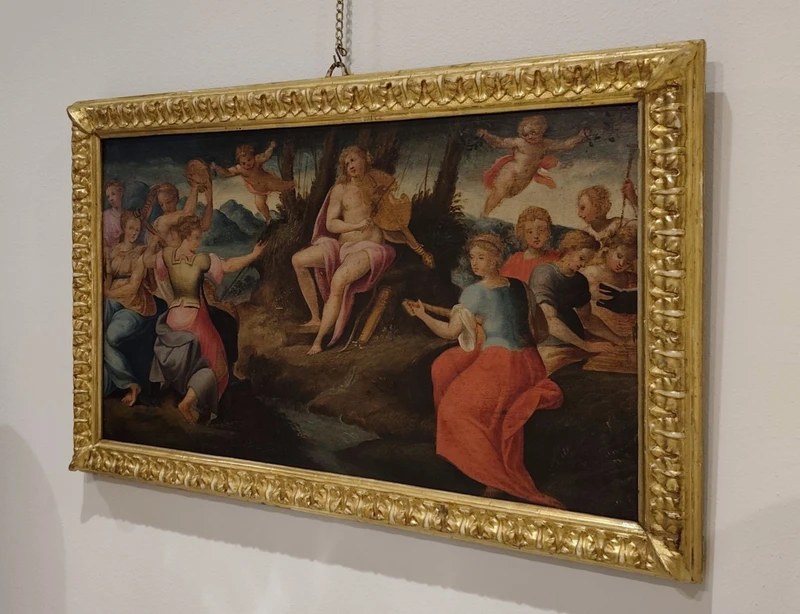 Huile sur panneau 17e siècle Apollon avec les Muses