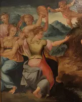 Huile sur panneau 17e siècle Apollon avec les Muses