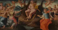 Huile sur panneau 17e siècle Apollon avec les Muses
