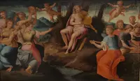 Huile sur panneau 17e siècle Apollon avec les Muses