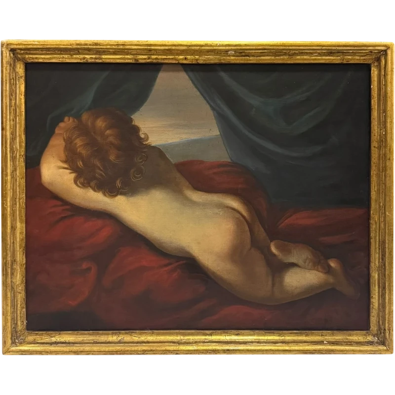 Antique oil painting on canvas - Reclining putto portrayed from behind