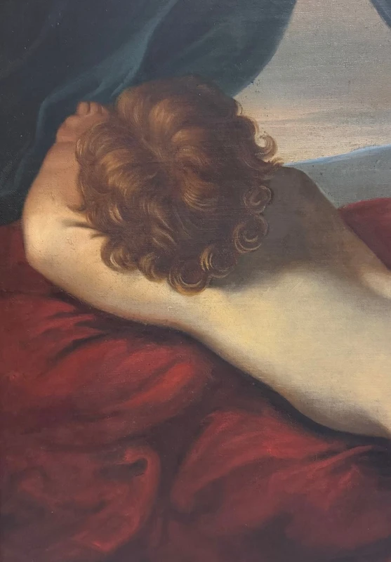 Antique oil painting on canvas - Reclining putto portrayed from behind