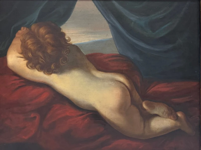 Antique oil painting on canvas - Reclining putto portrayed from behind