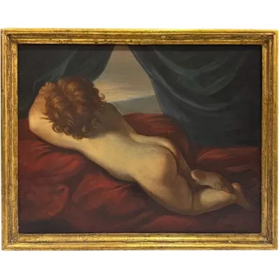 Peinture à l'huile ancienne sur toile - Putto couché représenté de dos