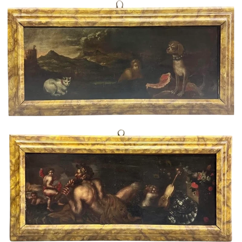 Pendentif de peintures anciennes à l'huile sur toile "Scènes allégoriques/mythologiques
