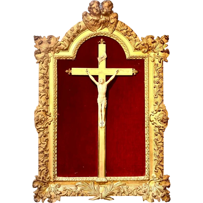 Crucifix with Christ in Ivory within gilded frame - 18th century