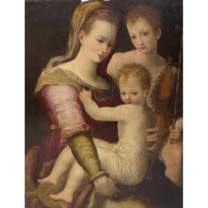 "Madonna and Child with St. John" painting on wood panel 16th century.