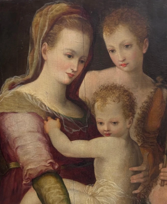 "Madonna and Child with St. John" painting on wood panel 16th century.