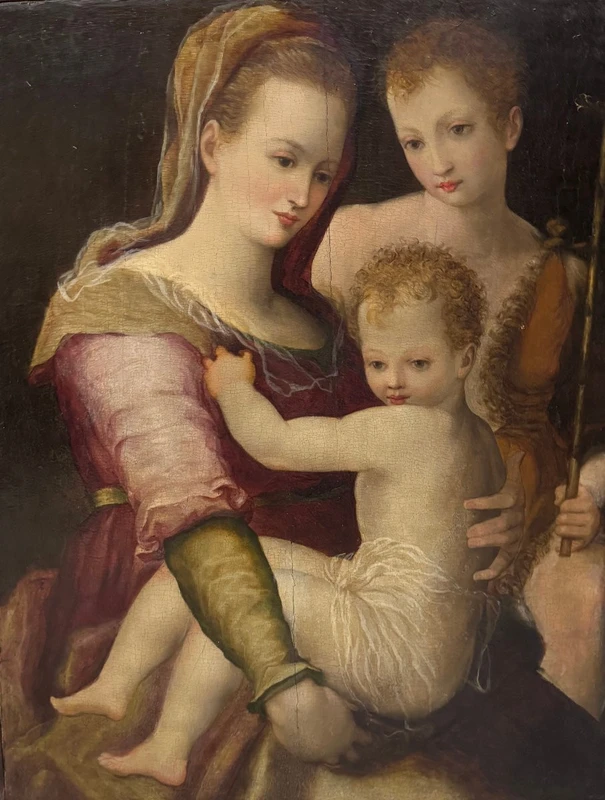 "Madonna and Child with St. John" painting on wood panel 16th century.