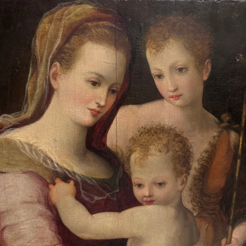 "Madonna and Child with St. John" painting on wood panel 16th century.