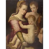 "Madonna and Child with St. John" painting on wood panel 16th century.
