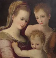"Madonna and Child with St. John" painting on wood panel 16th century.