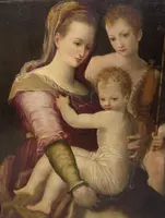 "Madonna and Child with St. John" painting on wood panel 16th century.
