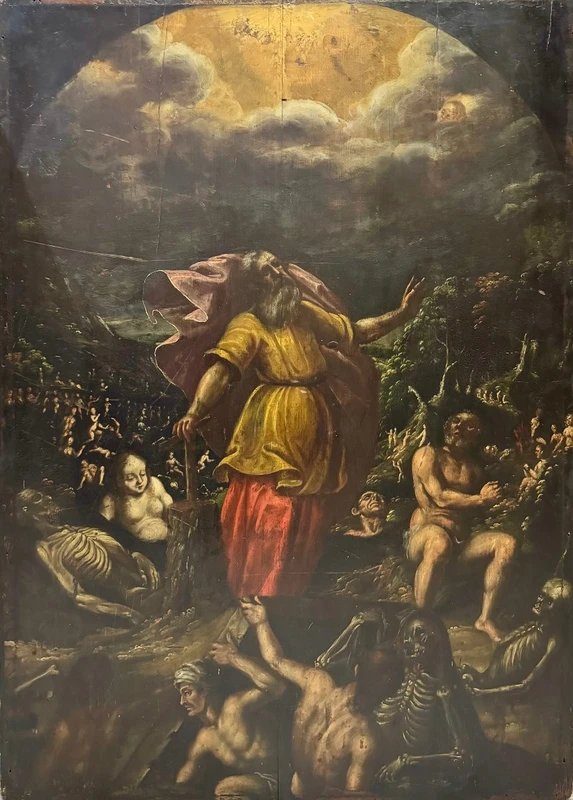 Peinture ancienne sur panneau "La vision du prophète Ezekiel", école ferraraise, maniérisme