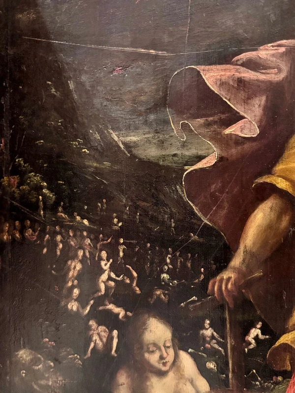 Peinture ancienne sur panneau "La vision du prophète Ezekiel", école ferraraise, maniérisme