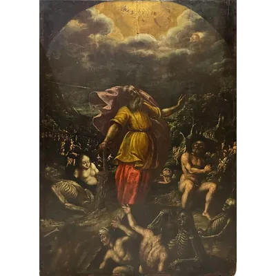 Peinture ancienne sur panneau "La vision du prophète Ezekiel", école ferraraise, maniérisme