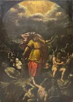 Peinture ancienne sur panneau "La vision du prophète Ezekiel", école ferraraise, maniérisme