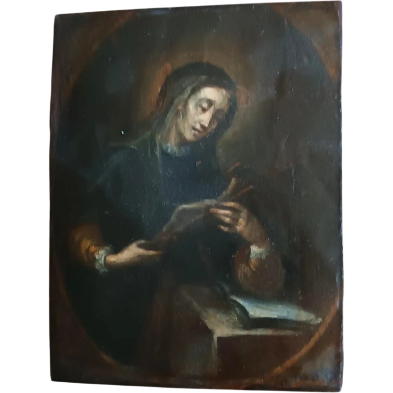 Antique small panel painting depicting saint with crucifix-Italian school 17th century