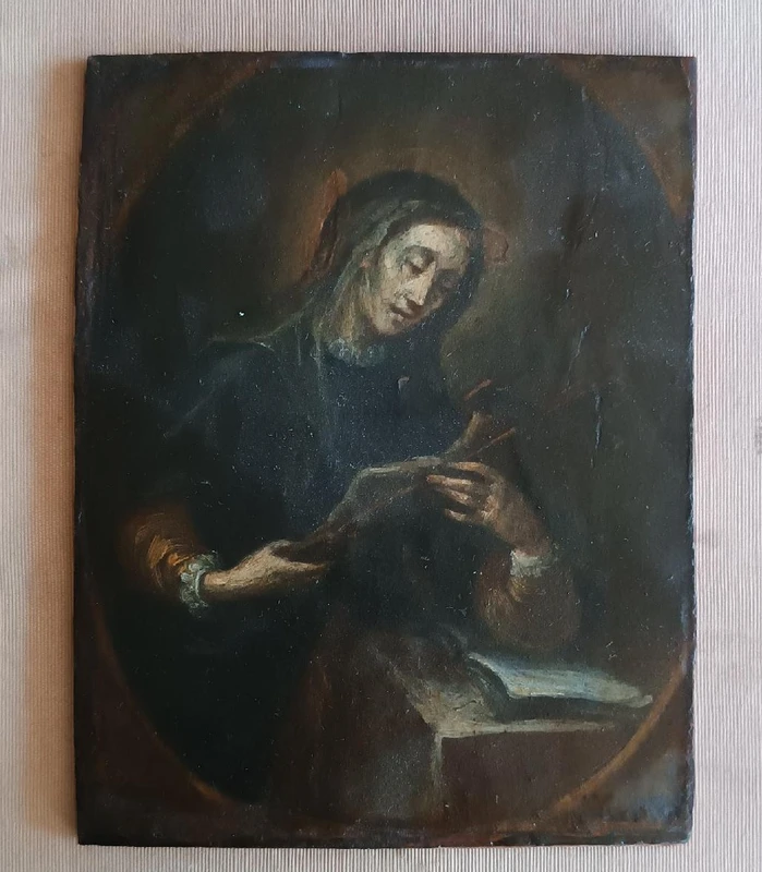 Antique small panel painting depicting saint with crucifix-Italian school 17th century