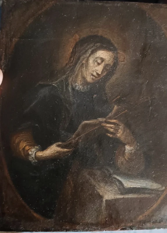 Antique small panel painting depicting saint with crucifix-Italian school 17th century