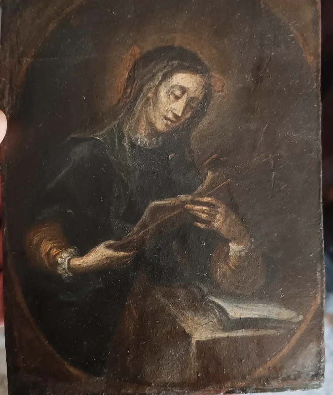 Antique small panel painting depicting saint with crucifix-Italian school 17th century