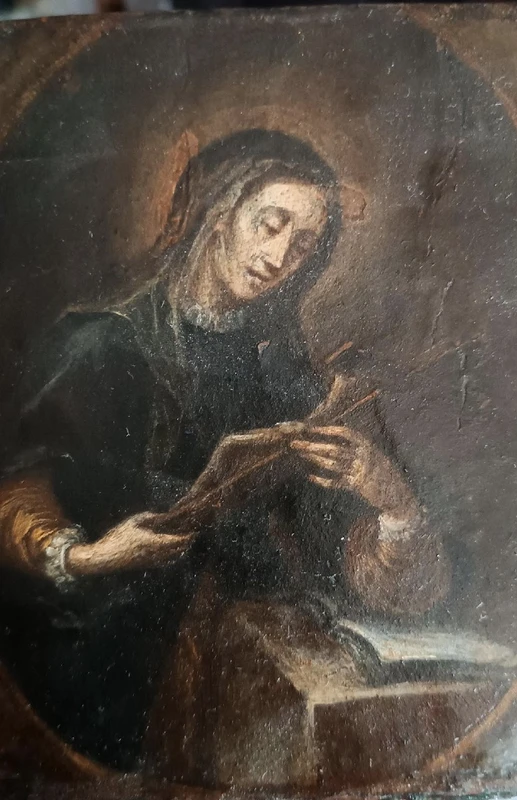 Antique small panel painting depicting saint with crucifix-Italian school 17th century