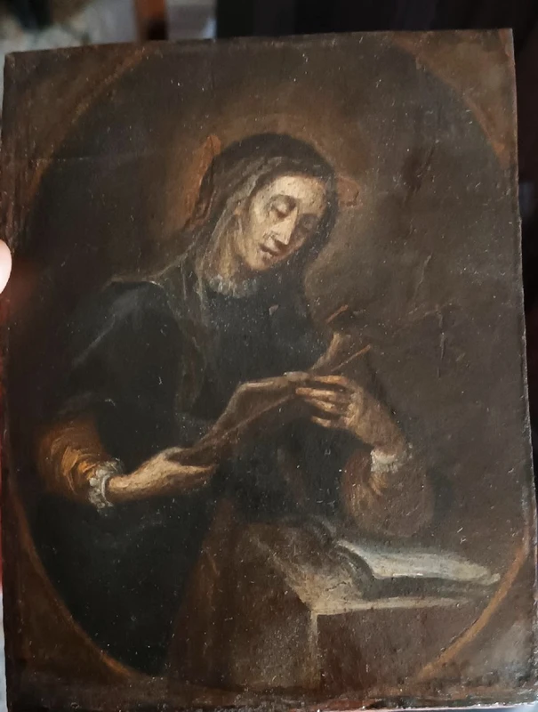Antique small panel painting depicting saint with crucifix-Italian school 17th century