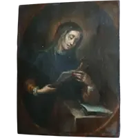 Antique small panel painting depicting saint with crucifix-Italian school 17th century