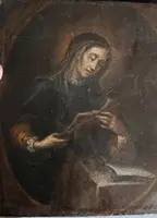 Antique small panel painting depicting saint with crucifix-Italian school 17th century