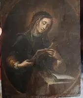 Antique small panel painting depicting saint with crucifix-Italian school 17th century