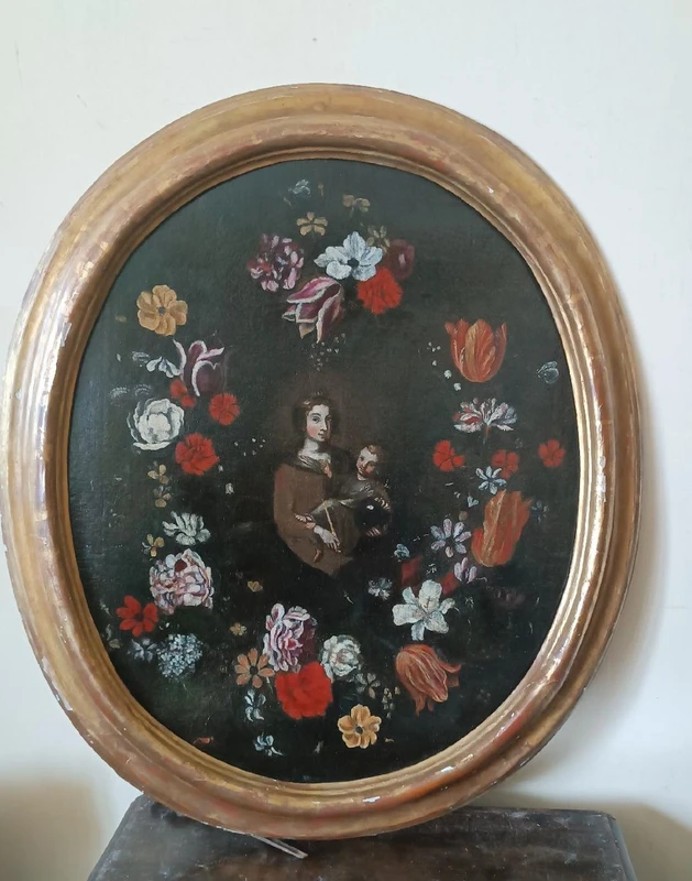 Oil painting on canvas ,Italian school,Madonna and Child on flower garland-seventeenth century